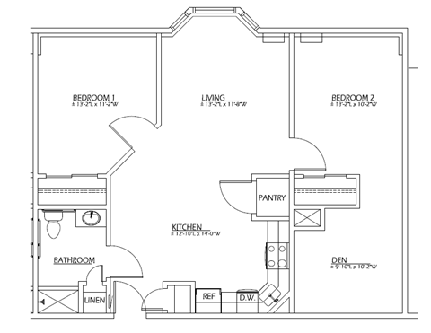 Floor plan for 2 beds, 1 bath, 875 sqft